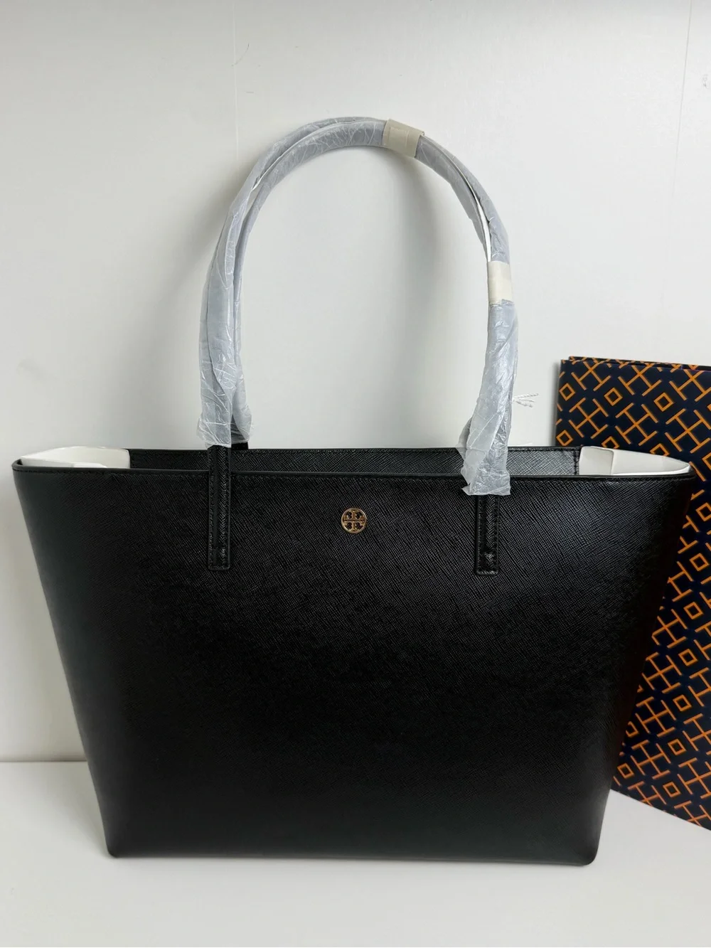 Tory Burch Black Leather Tote with Gold Logo